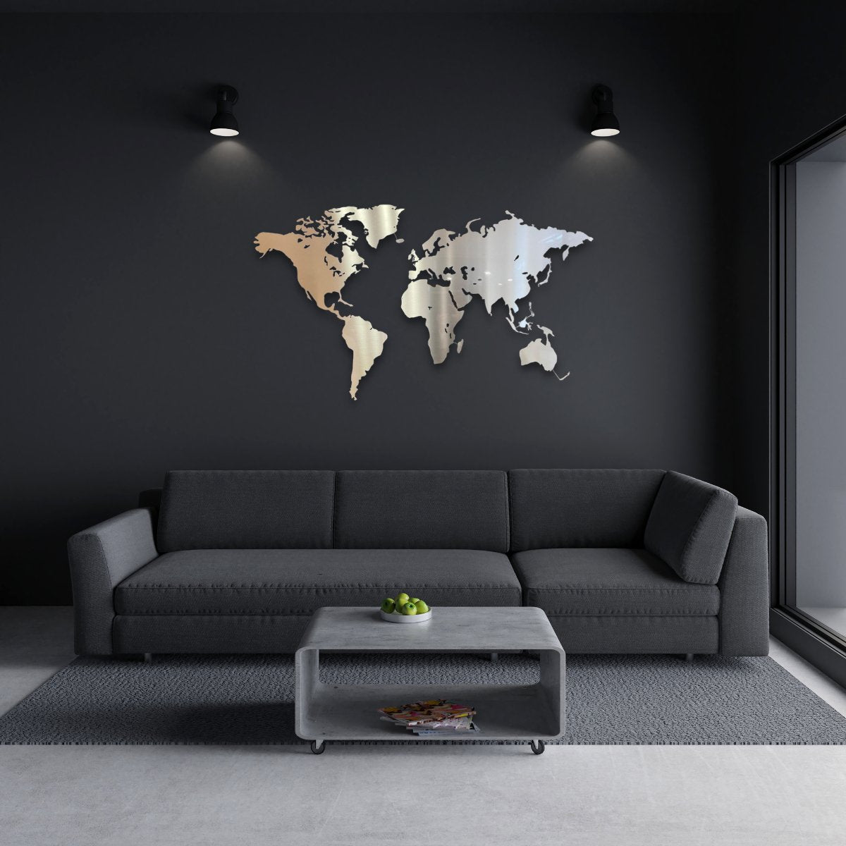 Weltkarte aus Edelstahl Wohnzimmer